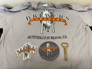 Silver shirt with sticker, coaster, and bottle opener